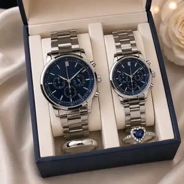 Luxury Couple Watch Gift Set with Matching Rings
